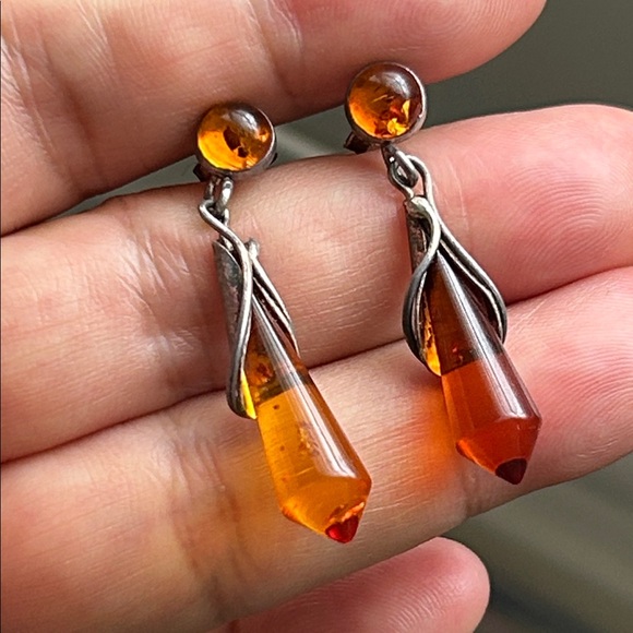Vintage Jewelry - 🖤Vintage Sterling Silver & Baltic Amber Drop Earrings